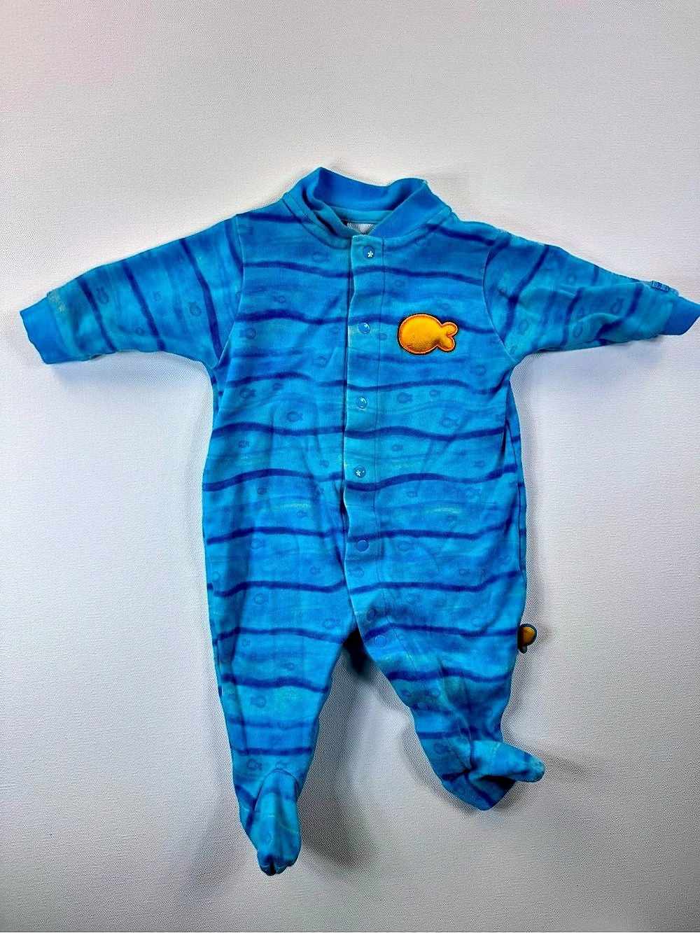 Vintage Carters Baby Boy Girl Blue Gold Fish Footed One Piece Sleeper Pajamas